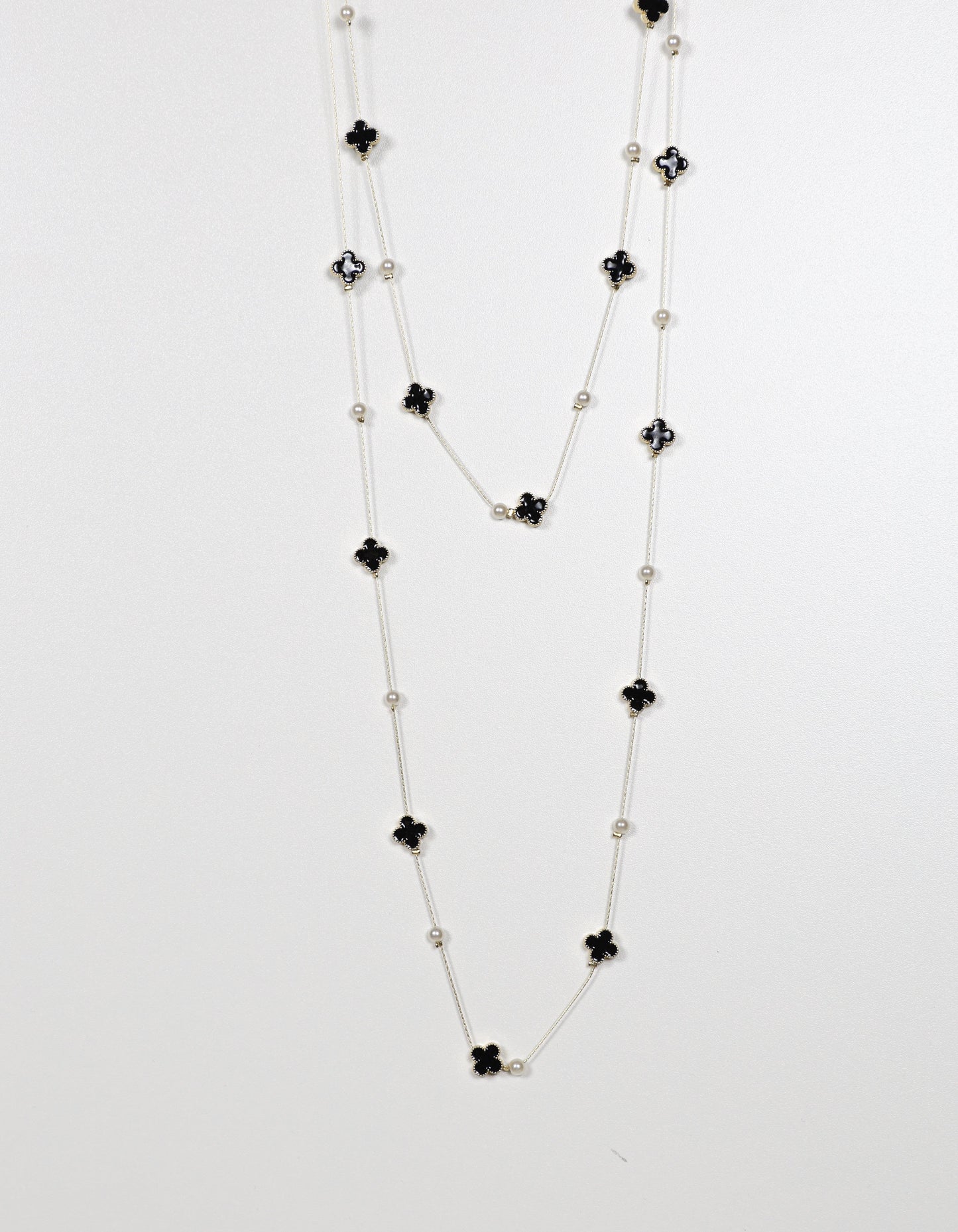 Pearl and Black Clover Necklace
