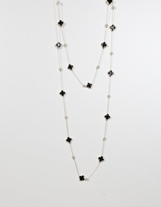 Pearl and Black Clover Necklace