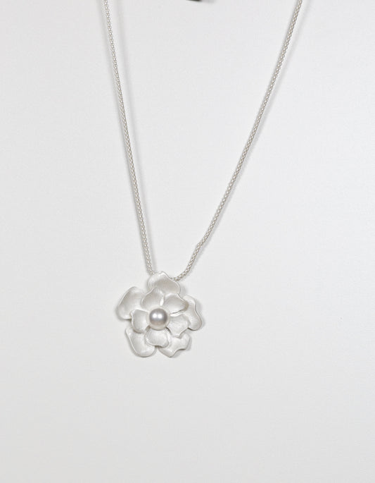 Silver Necklace with Flower Pendant and Pearl Center