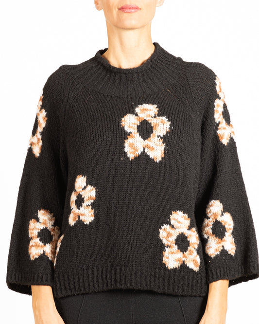 Black Mock Neck 3/4 Sleeve Floral Sweater