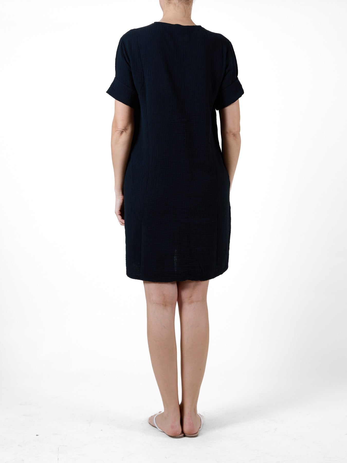Black Cotton Dress with 3/4 Sleeves and Wooden Button Detail