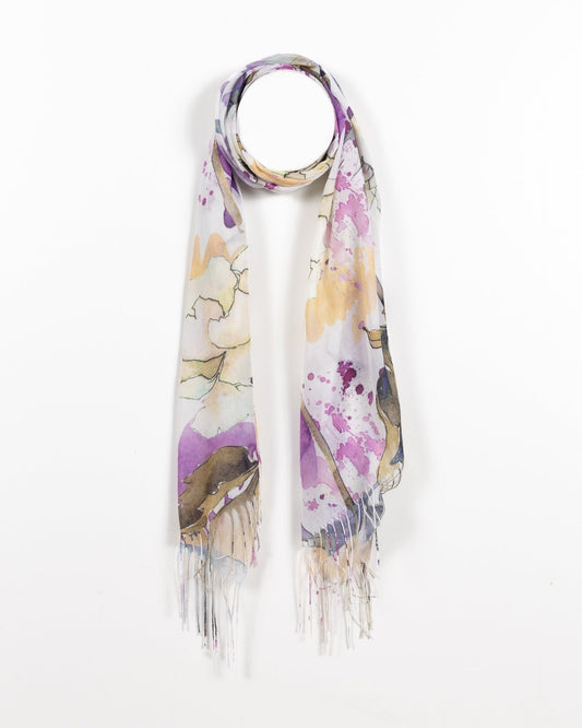 Écharpe semi-transparente à motif floral aquarelle - Tons violets et jaunes