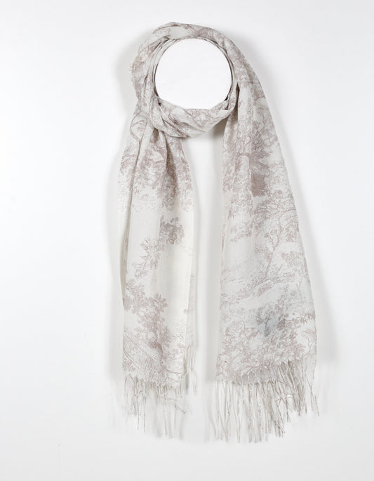 Soft Toile de Jouy Print Scarf in Beige