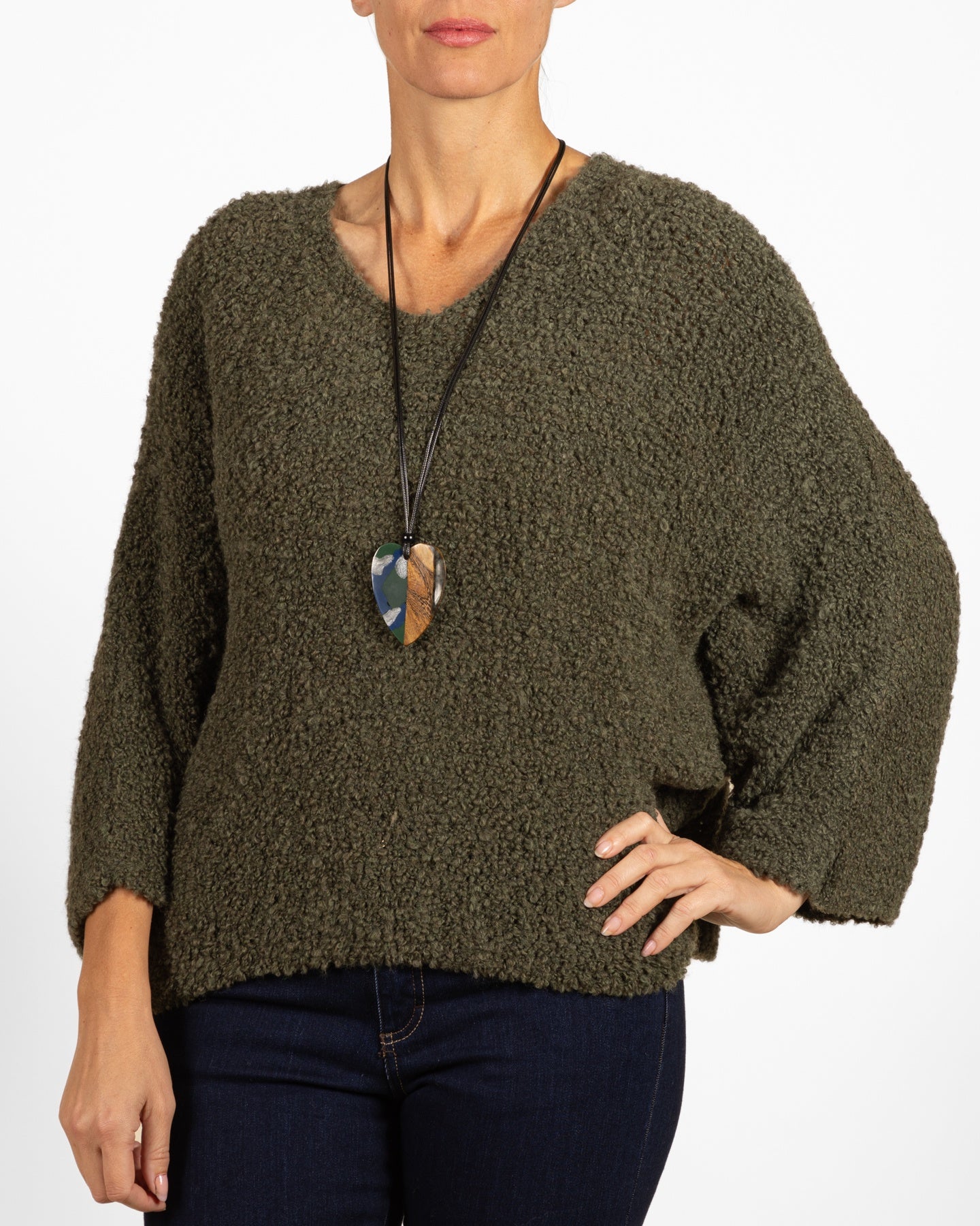 Army V Neck Novelty Sleeve Chenile Sweater