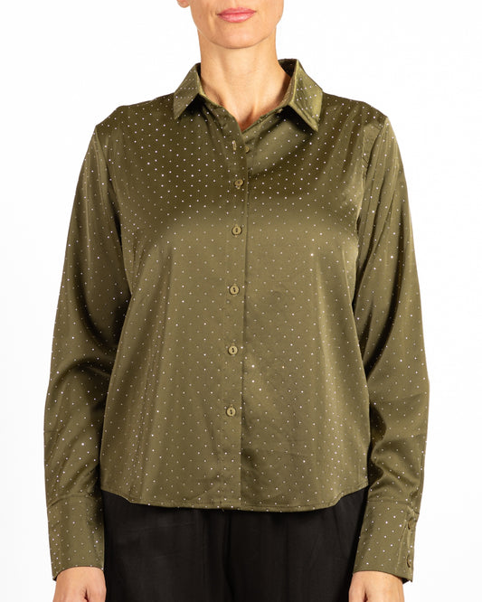 Army Button Front Rhinestone Blouse