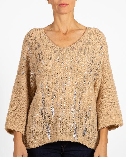 Camel Deep V Neck Dolman ¾ Sleeve Foil Front Detail Chenille Sweater