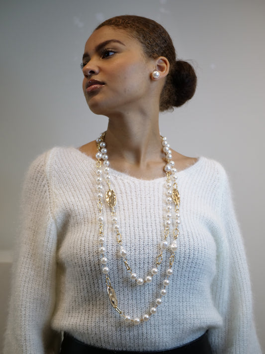 Gold Pearl Chain Necklace with Mixed Beads