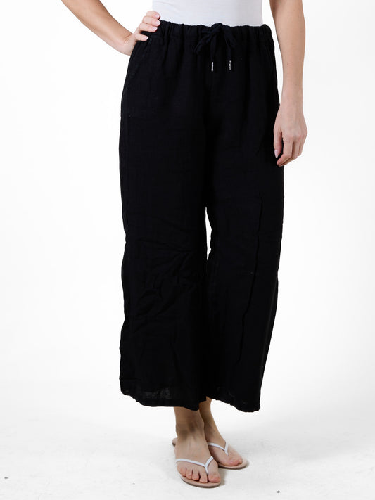 Black Linen-Style Beach Pants with Drawstring Waist