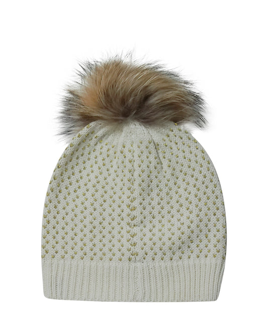 Ivory Beanie with Gold Detailing and Pom-Pom