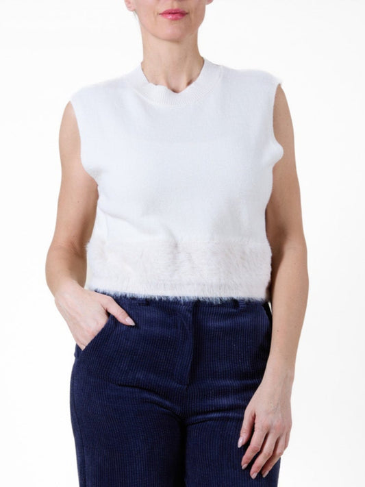 Veste sans manches ivoire à col rond avec ourlet en fausse fourrure