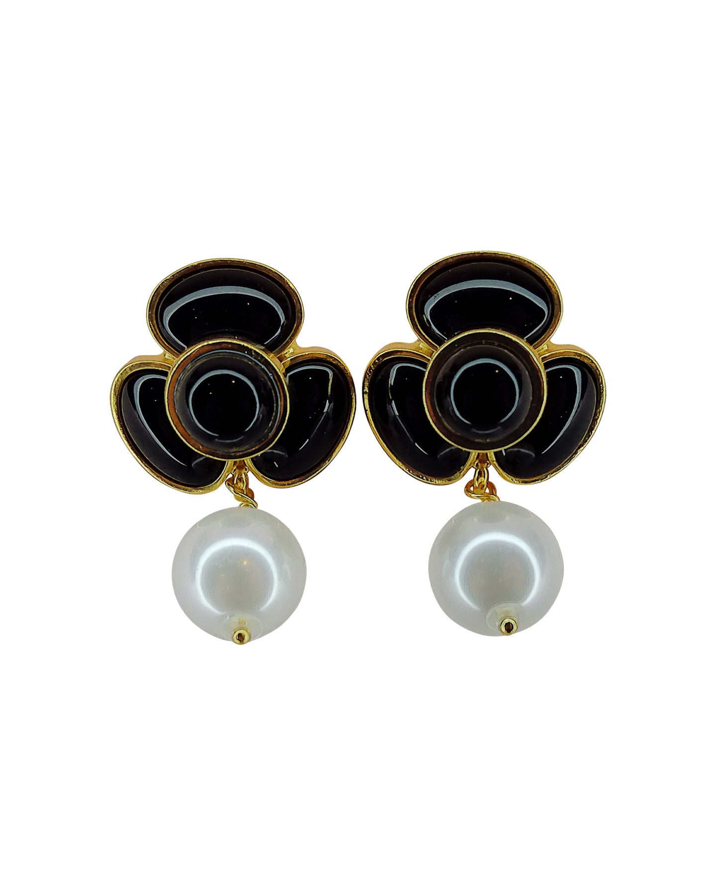 Black Flower Pearl Drop Earrings