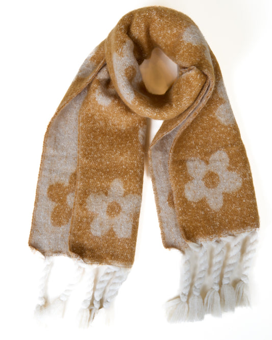 Reversible Floral Wool Scarf - Orange and Cream