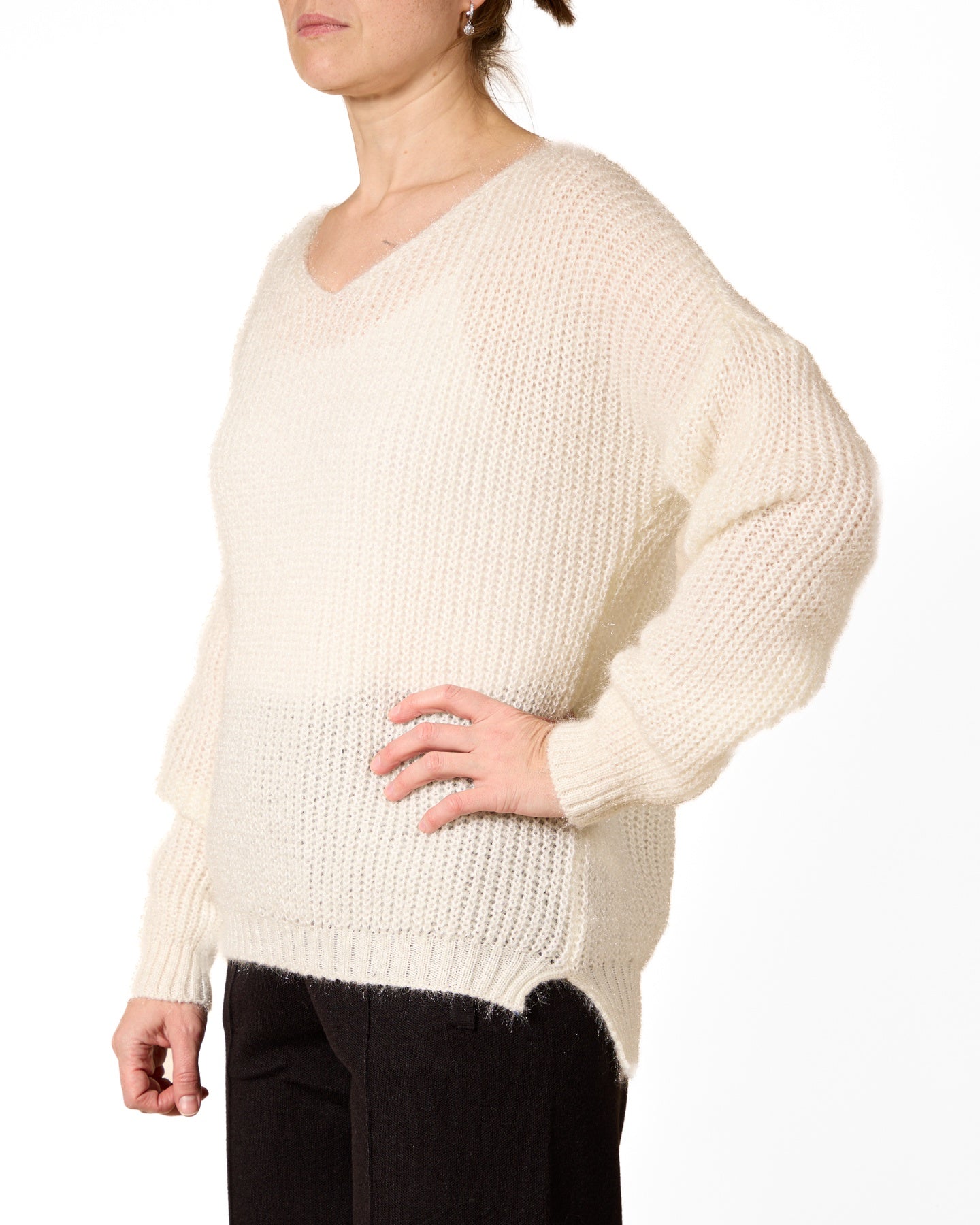 Snow V-NECK Novelty Cut Out Stripe Back Detail FUZZY Sweater