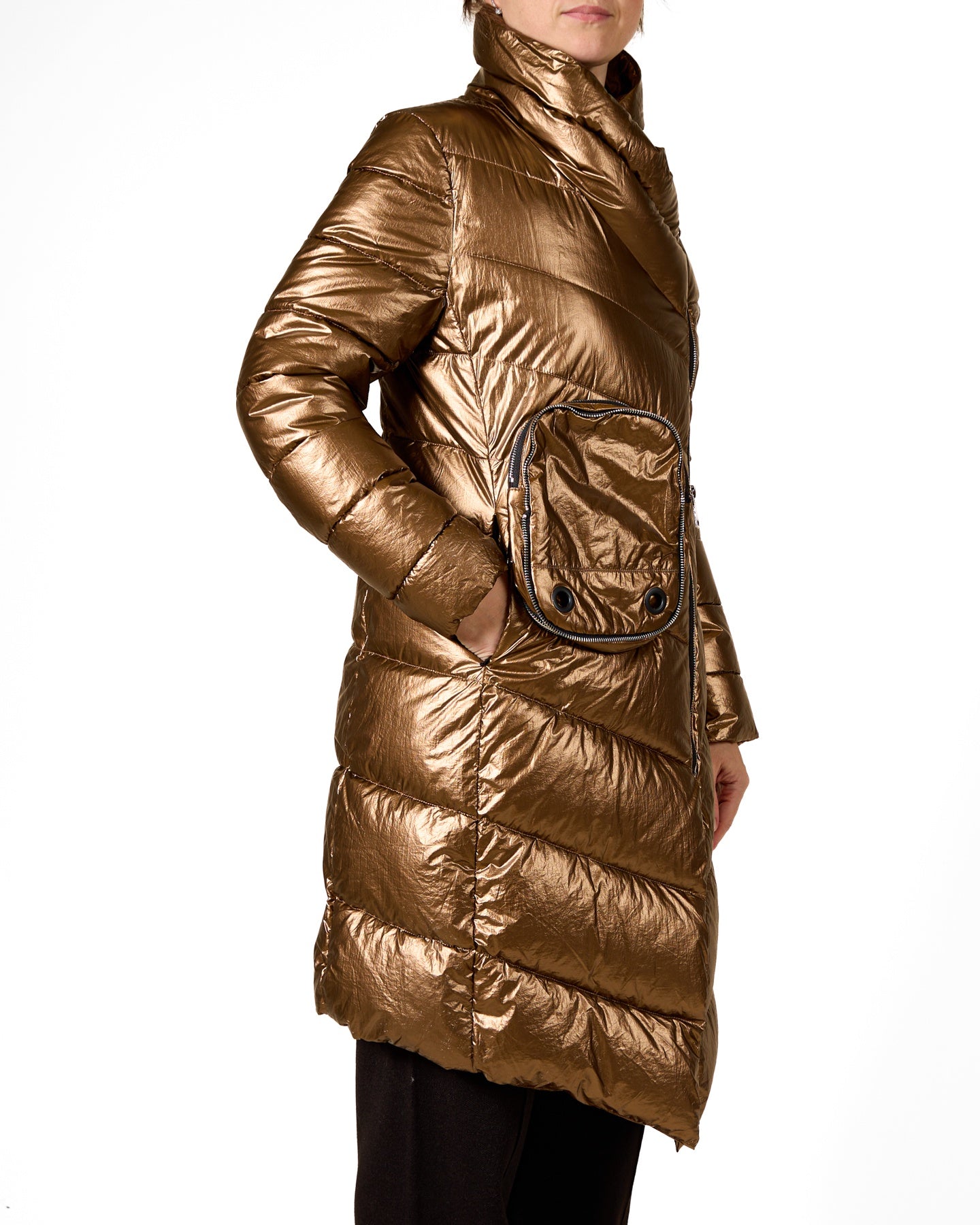 Bronze Hooded Long Puffer Jacket with Front Pouch