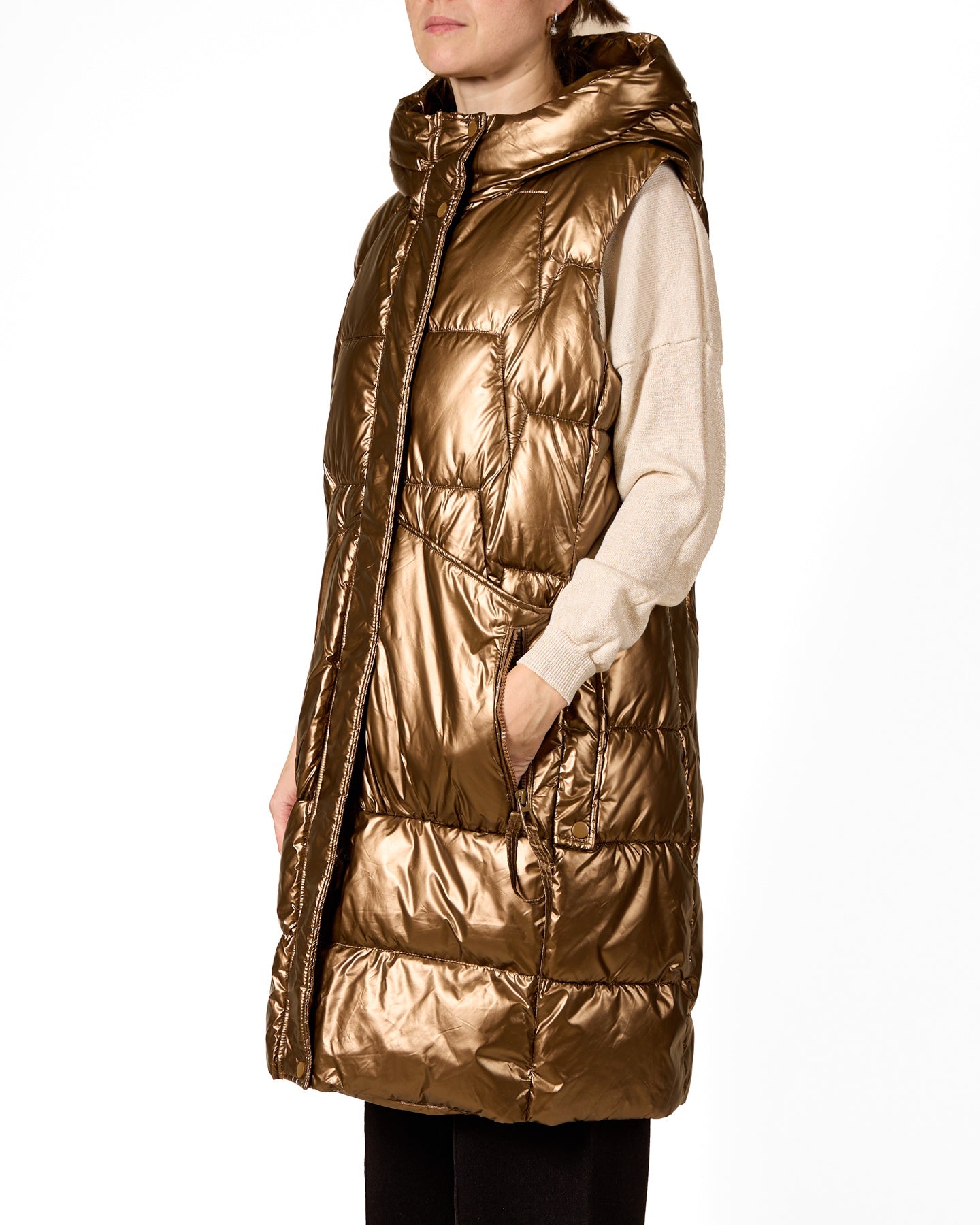 Bronze Hooded Metallic Vest with Oversized Zipper Pockets