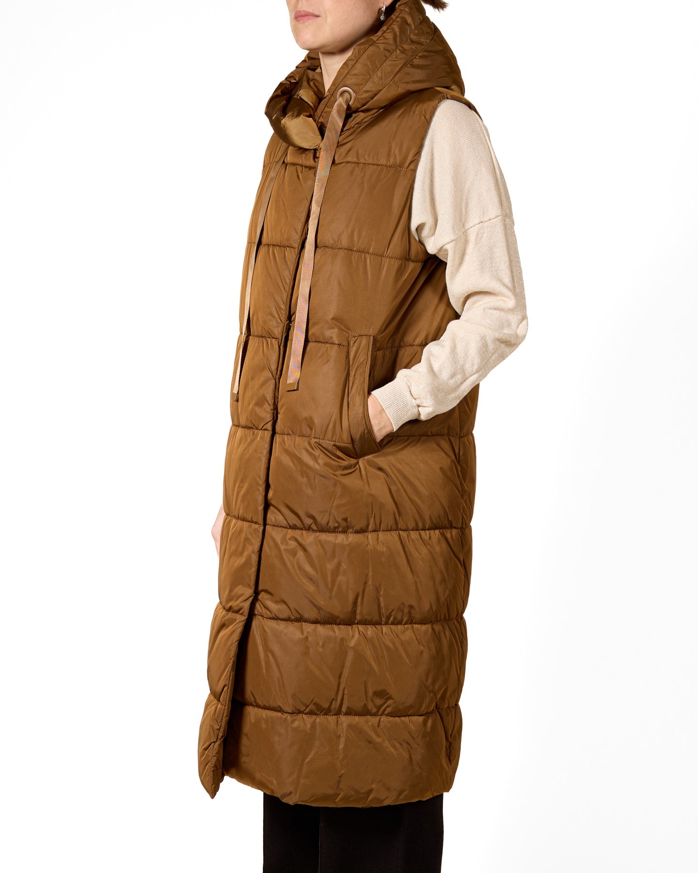 Butterscotch Hooded Longline Puffer Vest