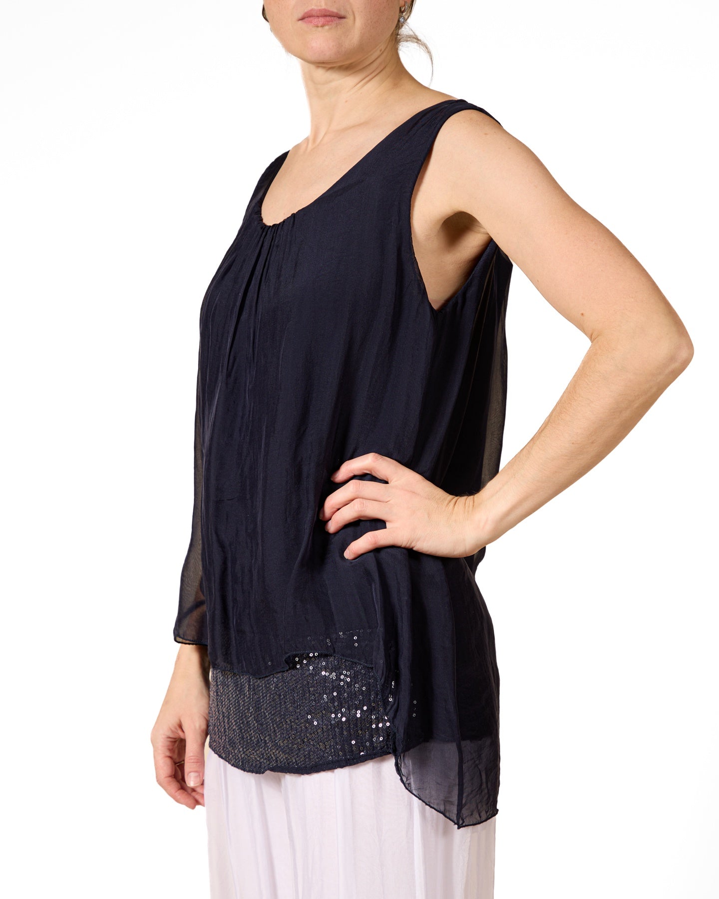 Midnight Sleeveless Sequin Band Combo Silk Overlay Camisole