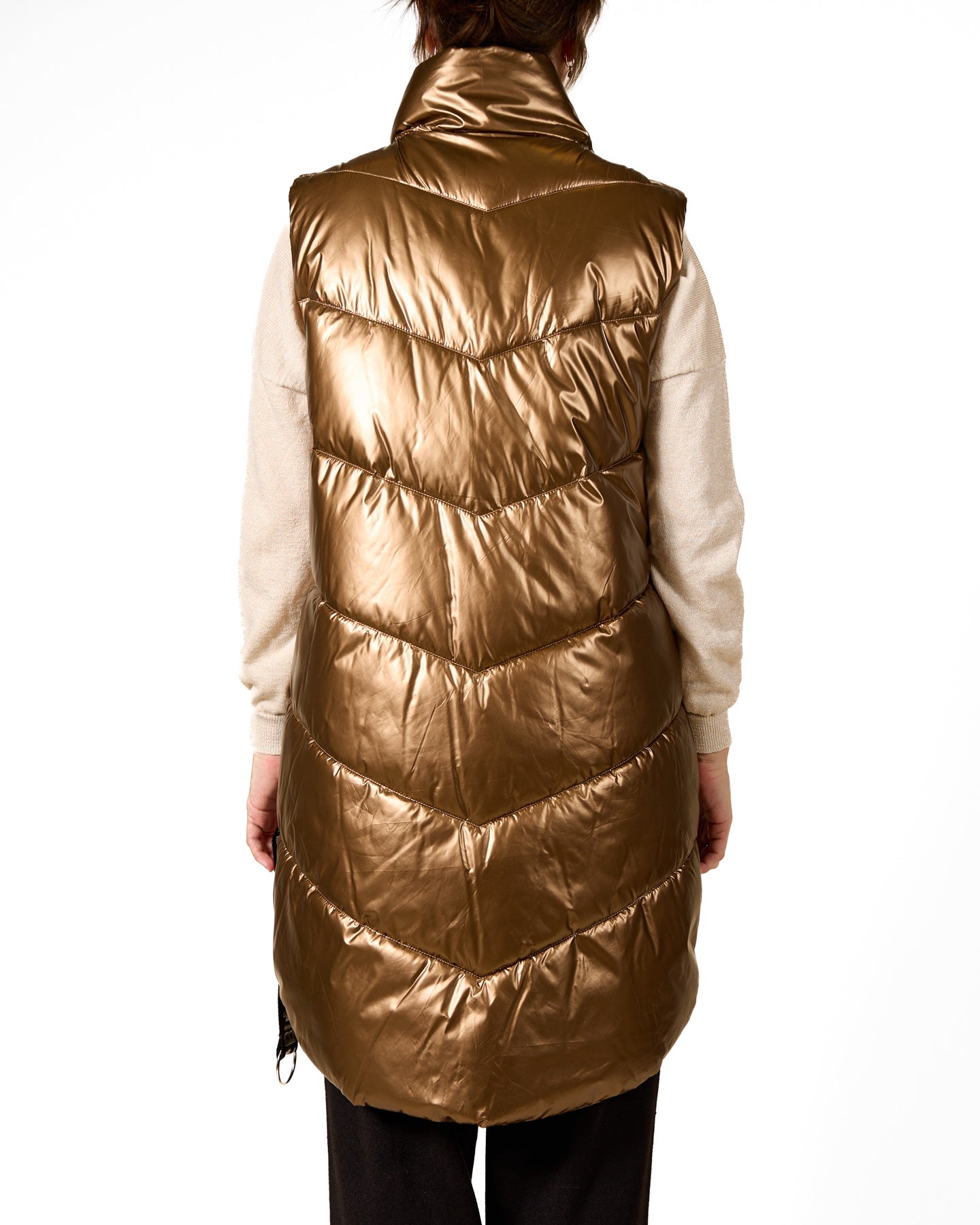 Bronze Hooded Long Puffer Vest with Front Pouch