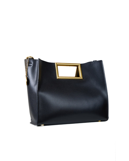 Black Leather Bag with Gold Handle and Removable Straps