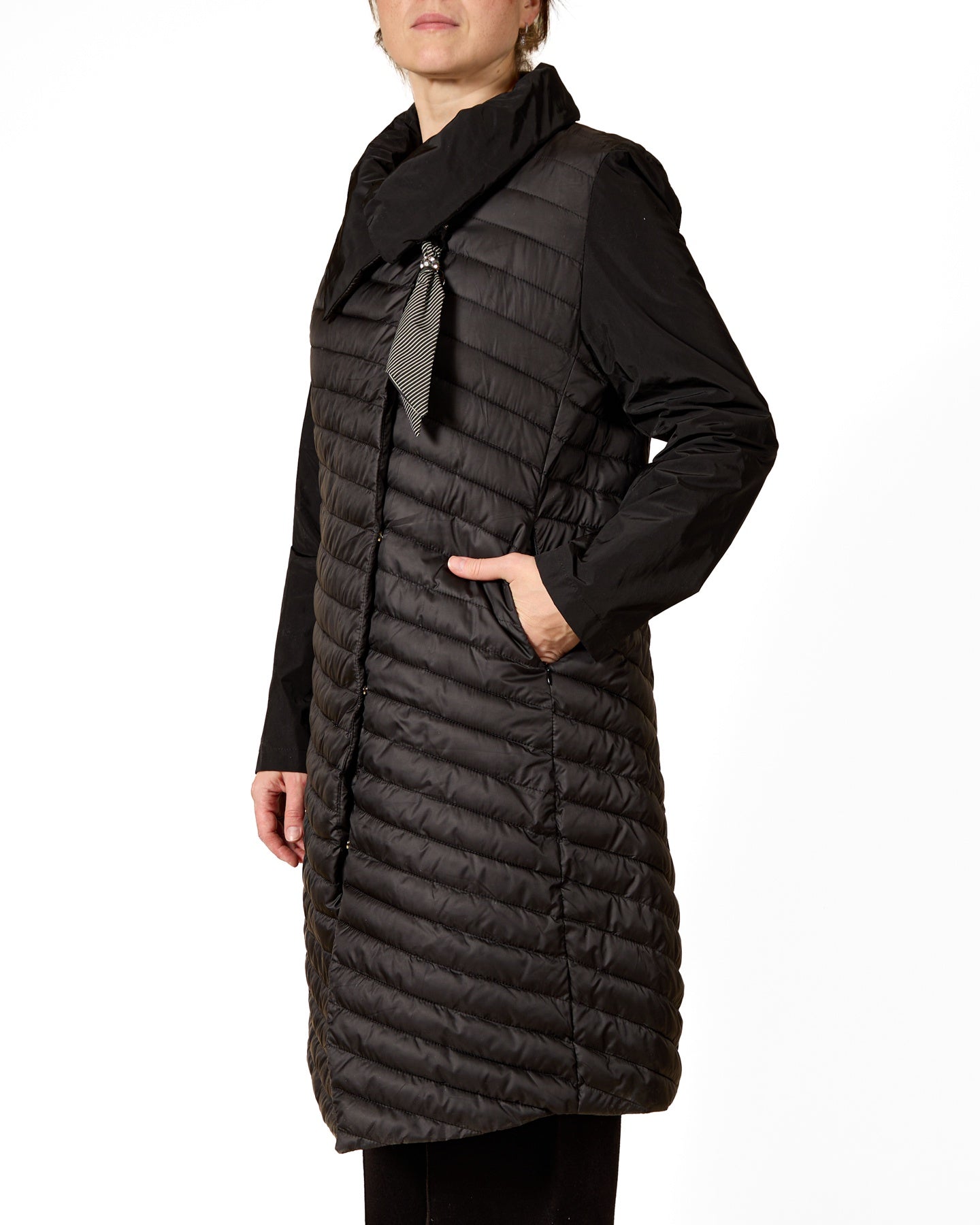 Ebony Quilted Long Vest with Folded Collar and Tie Detail