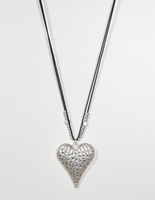 Silver Cord Necklace with Textured Heart Pendant