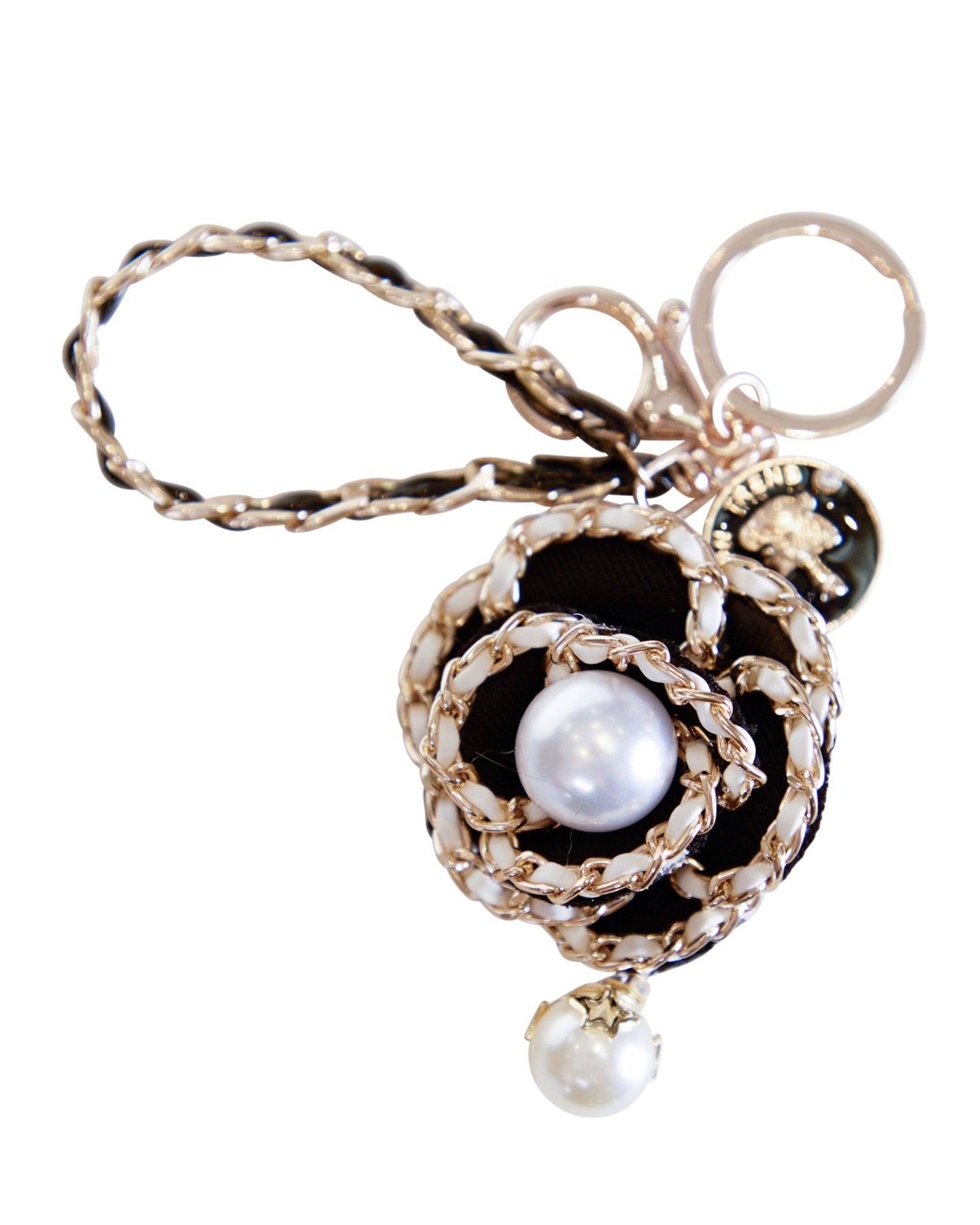 Black & Gold-Leather Twisted Chain Keychain with Black Flower and Pearl