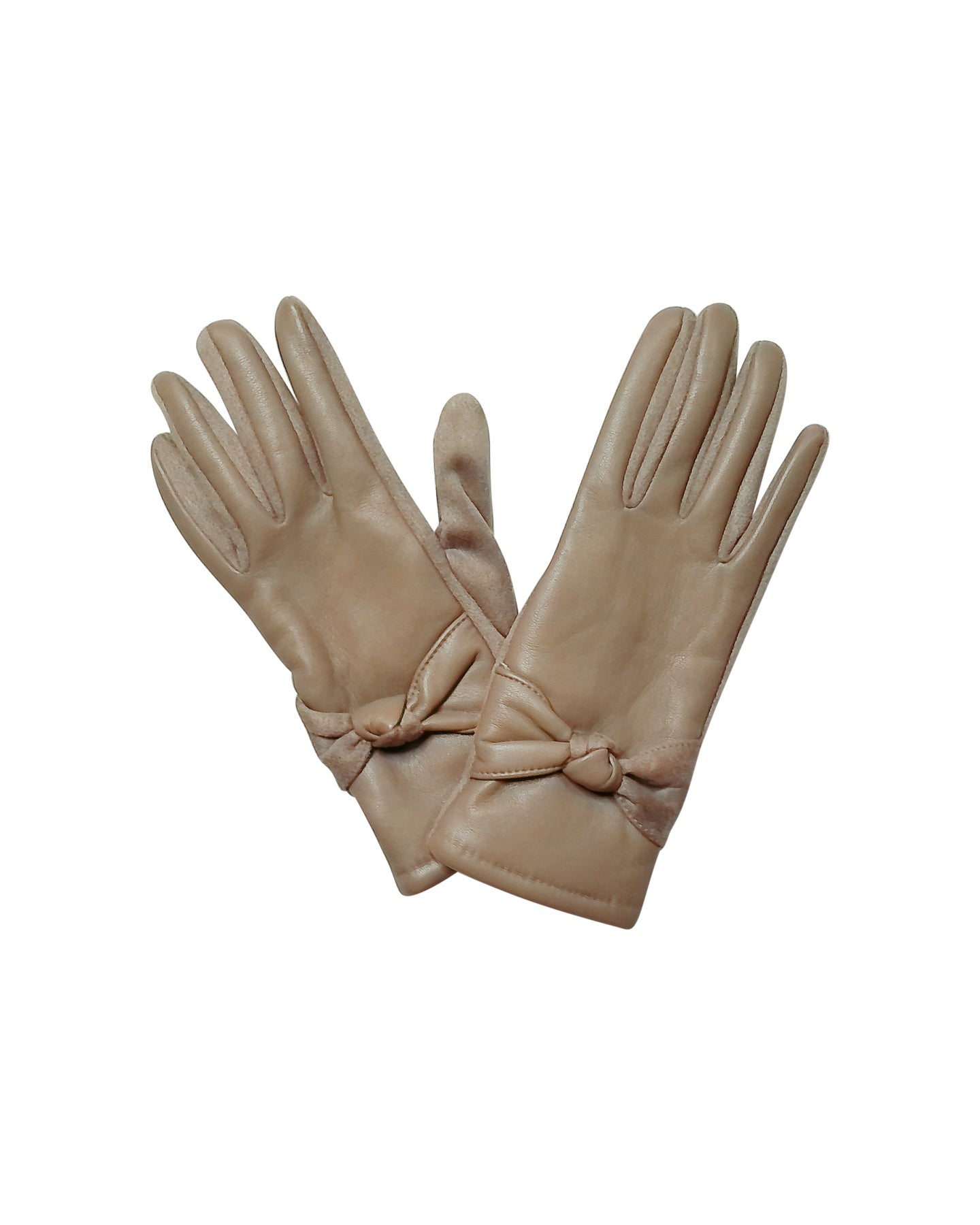 Taupe Faux-Leather Touchscreen Gloves with Bow Detail