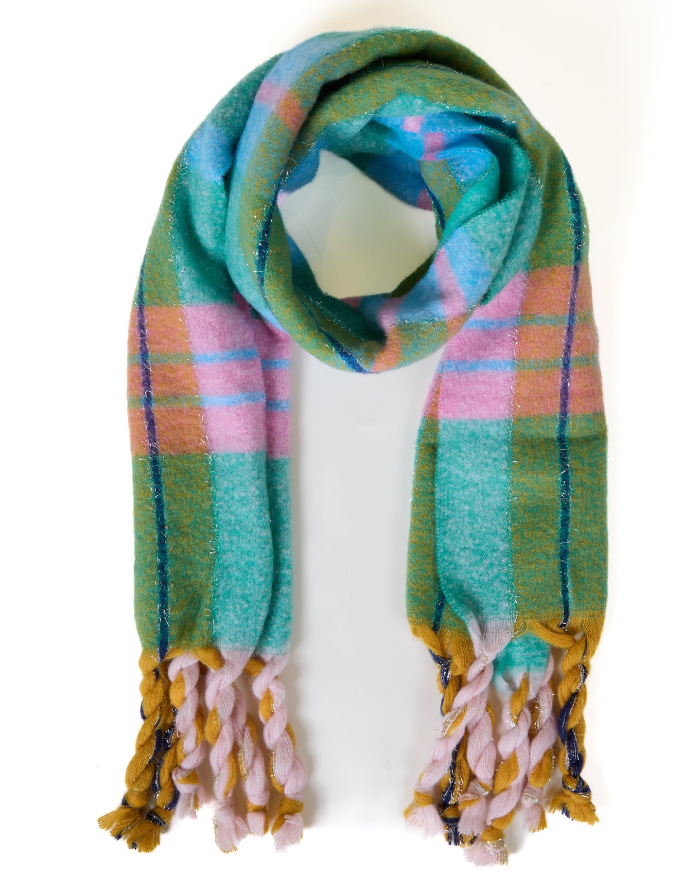 Green Plaid Scarf with Pink and Orange Stripes