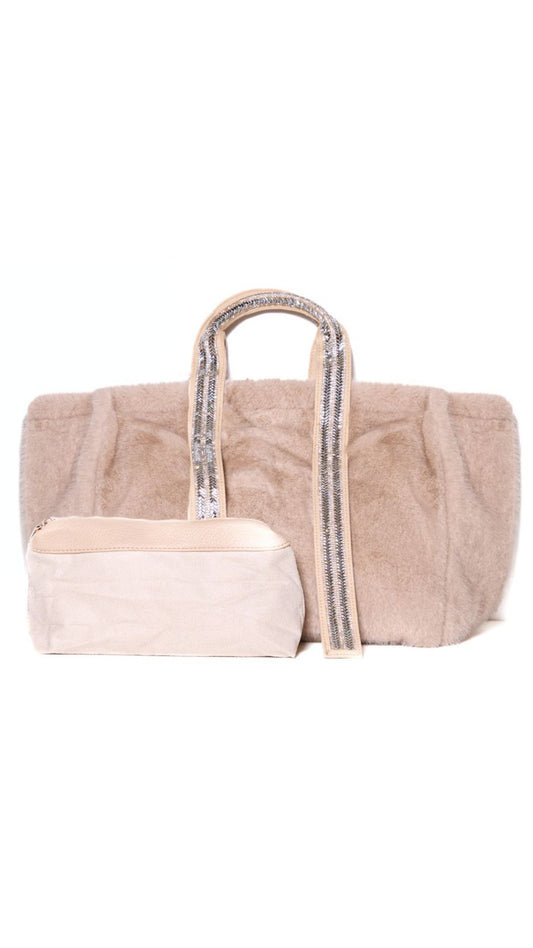 Beige Oversized Faux Fur Tote Bag with Sequin Straps & Matching Pouch