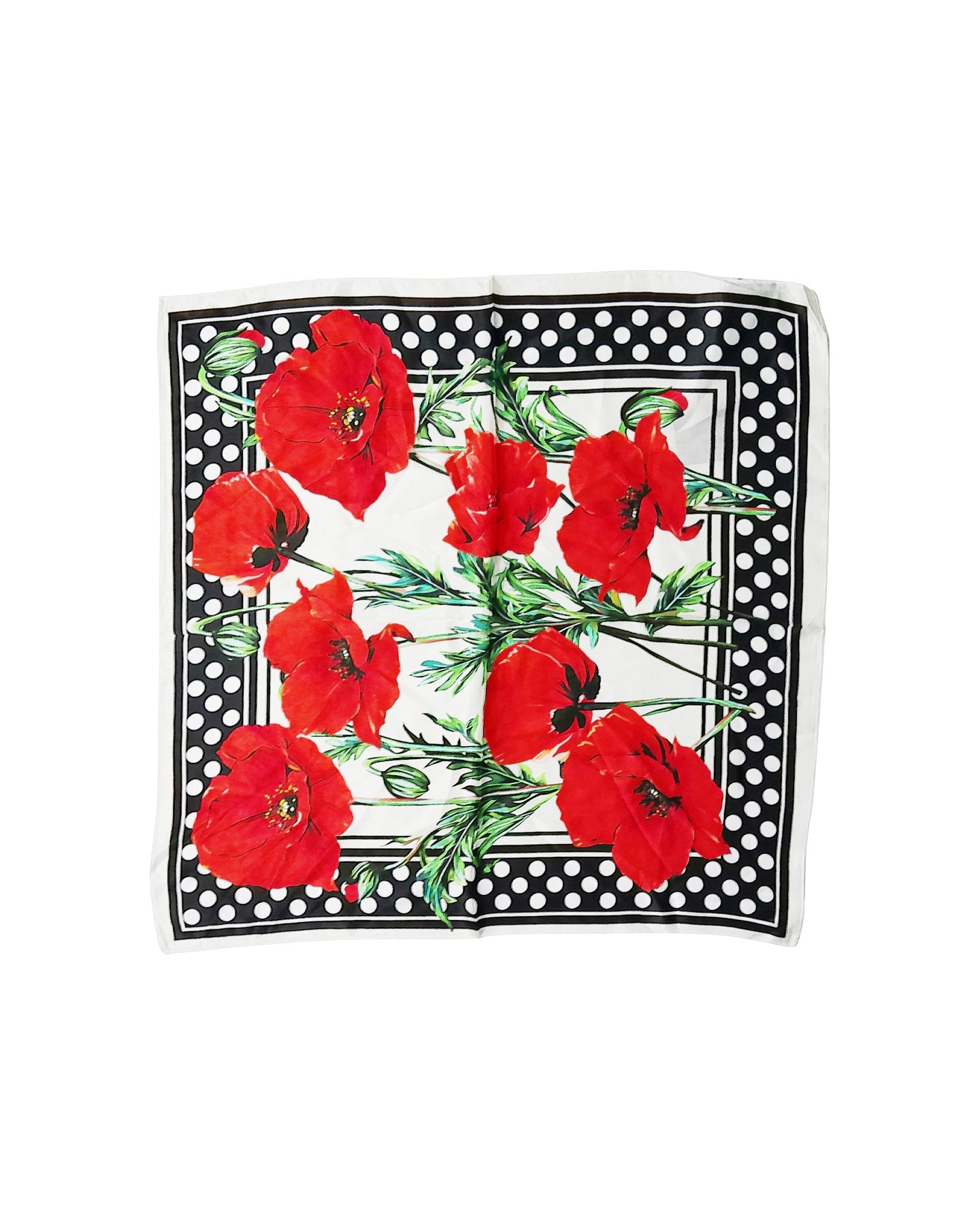 Polka Dot and Red Poppy Print Silk Scarf