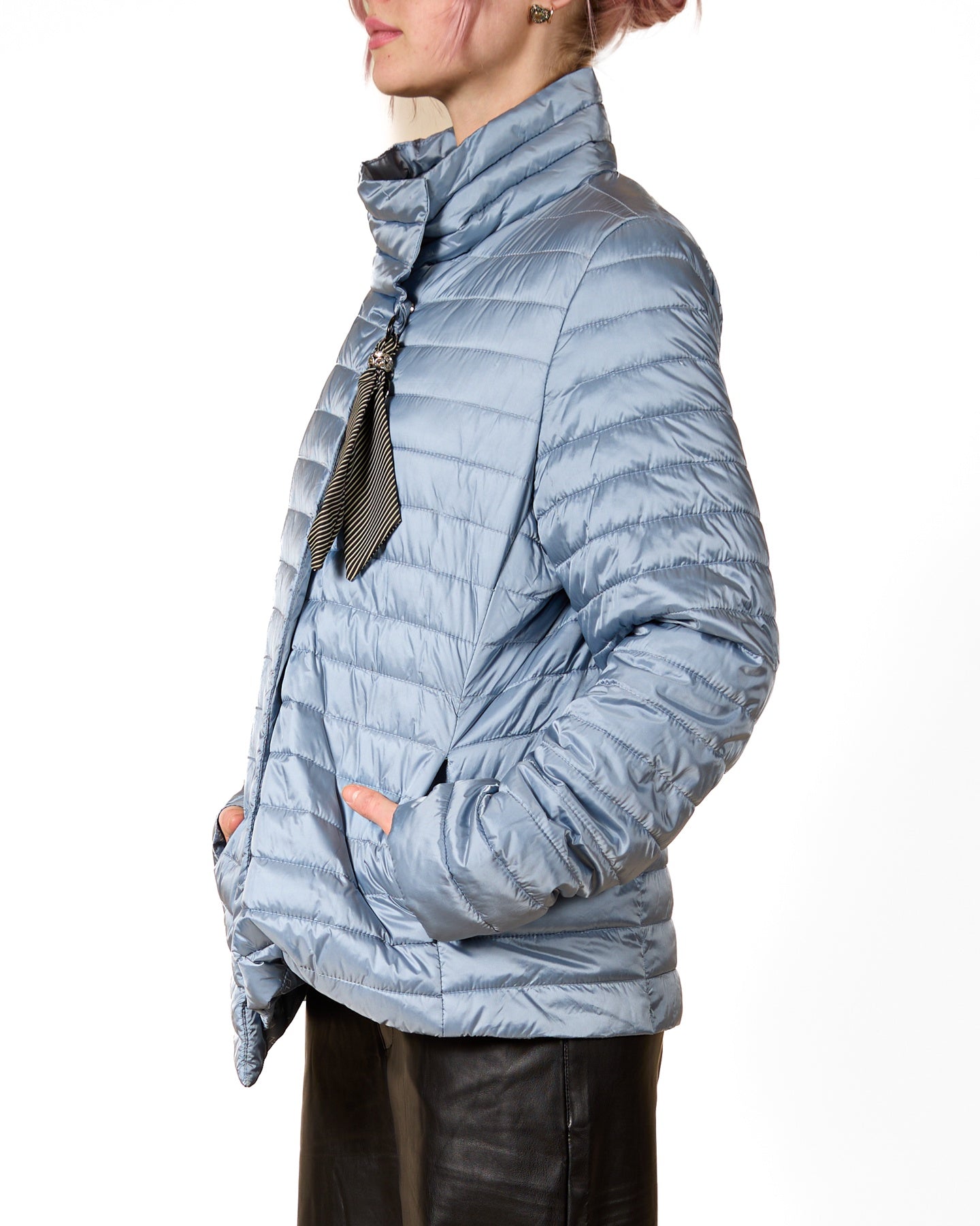 Blue Perennial Quilted Button-Down Jacket with Tie Accent