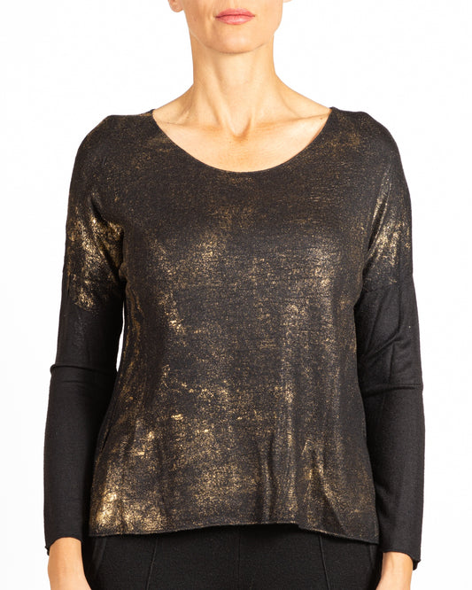 Black Scoop Neck Drop Shoulder Foil Effect Pullover