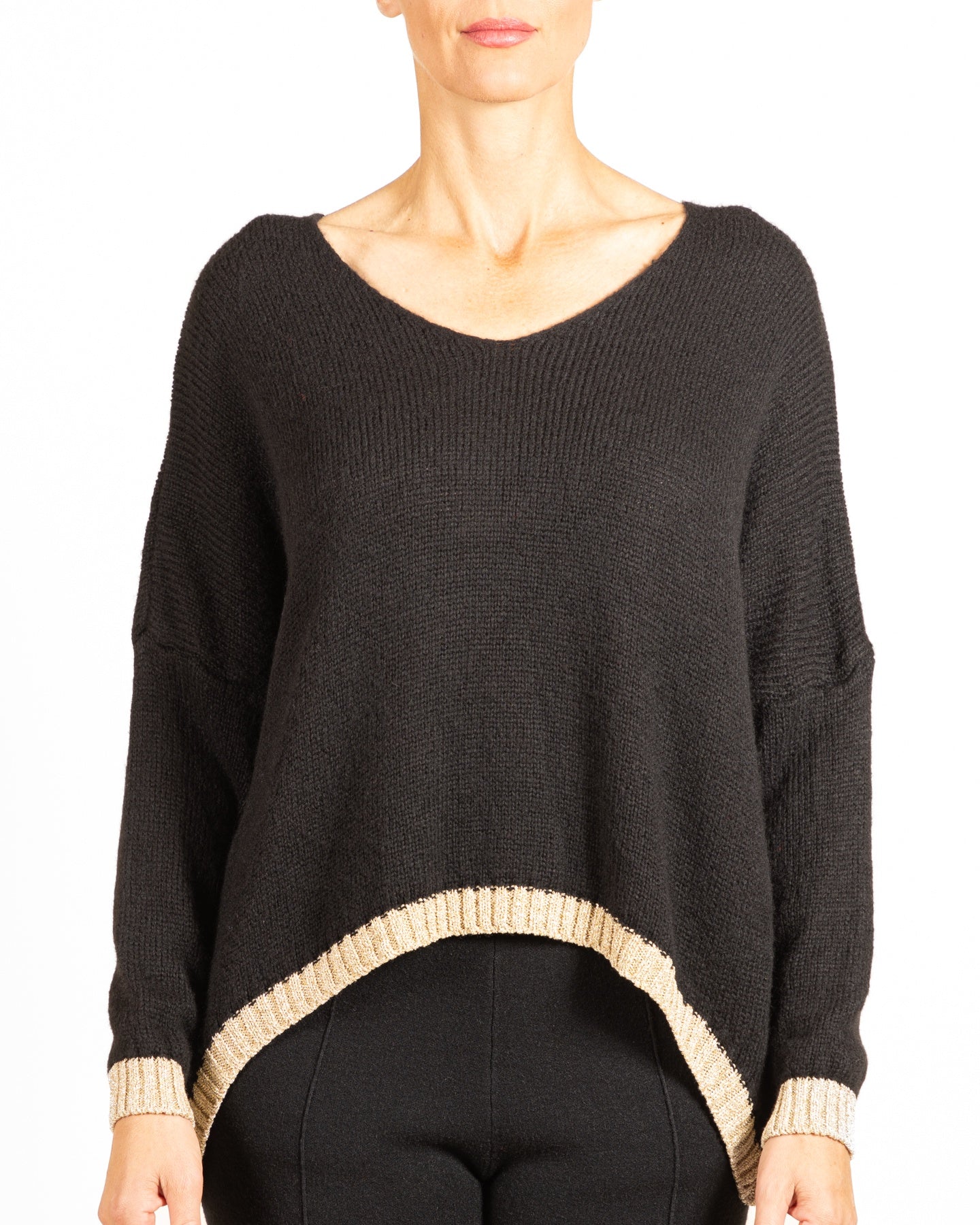 Black V Neck Drop Shoulder Hi Low W/ Gold Lurex Trim Sweater