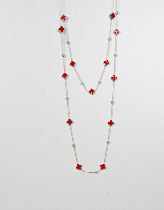 Pearl and Red Clover Necklace
