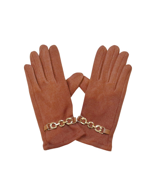 Camel Gloves with Gold Chain Detail and Touchscreen Compatibility