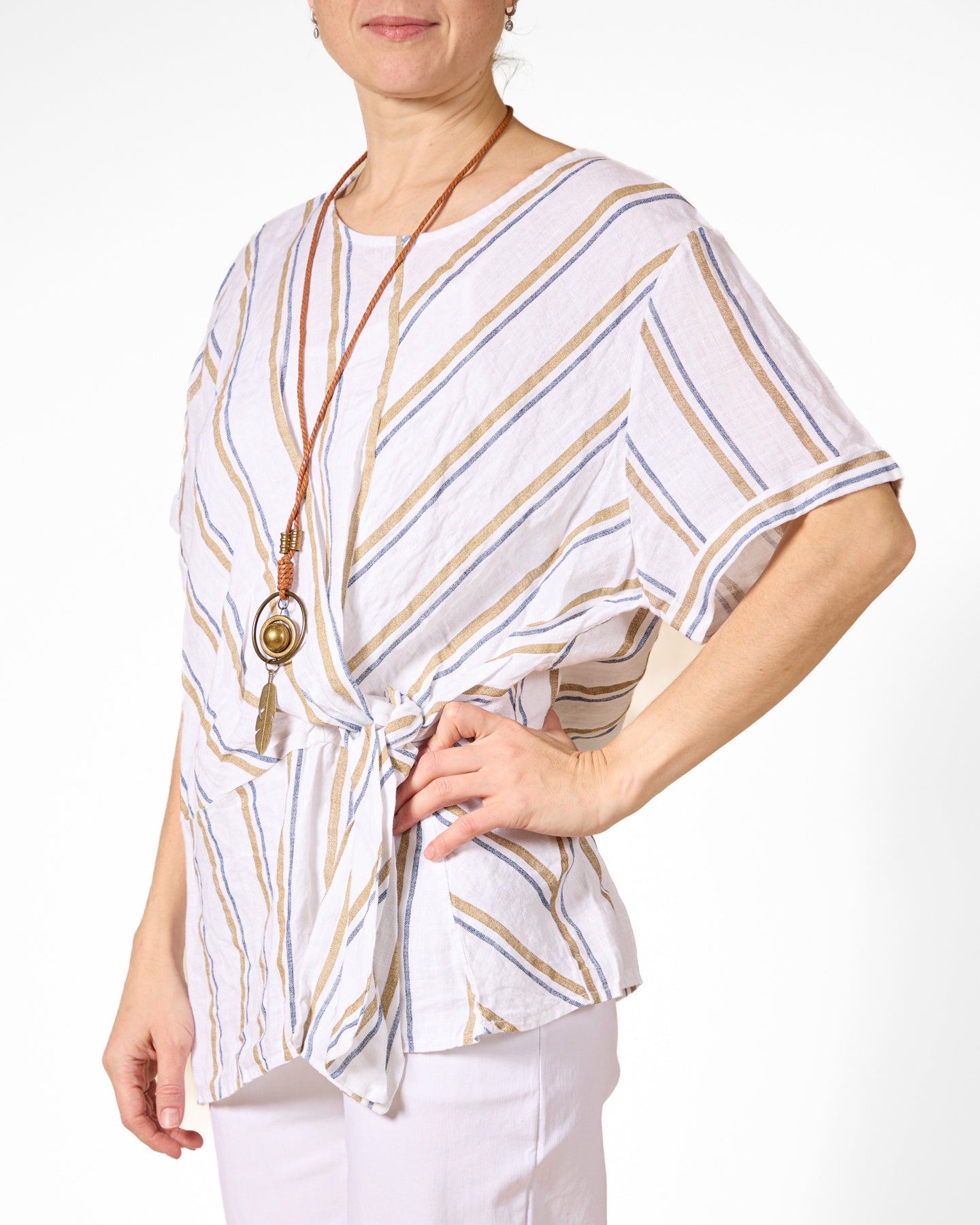 White Side Tie Stripe 2 pc Top with Necklace