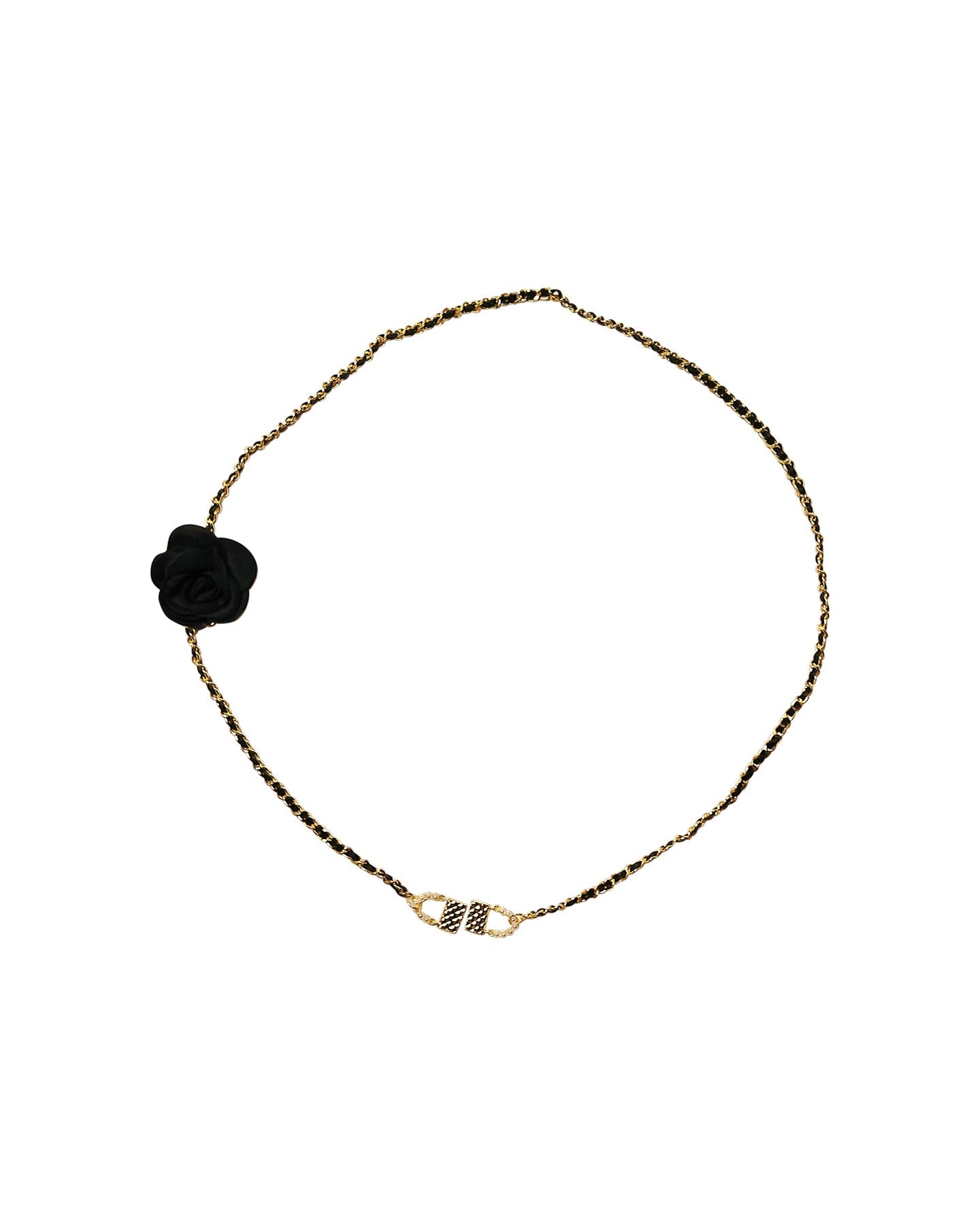 Black and Gold Woven Chain Belt with Flower and Handbag Charm