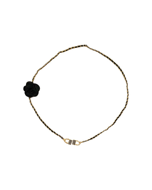 Ceinture à chaîne tressée noire et dorée avec breloque fleur et sac à main