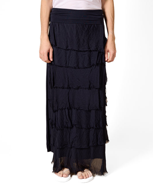 Midnight Pull On Wide Band Combo Multi Raw Edge Lined Maxi Silk Skirt