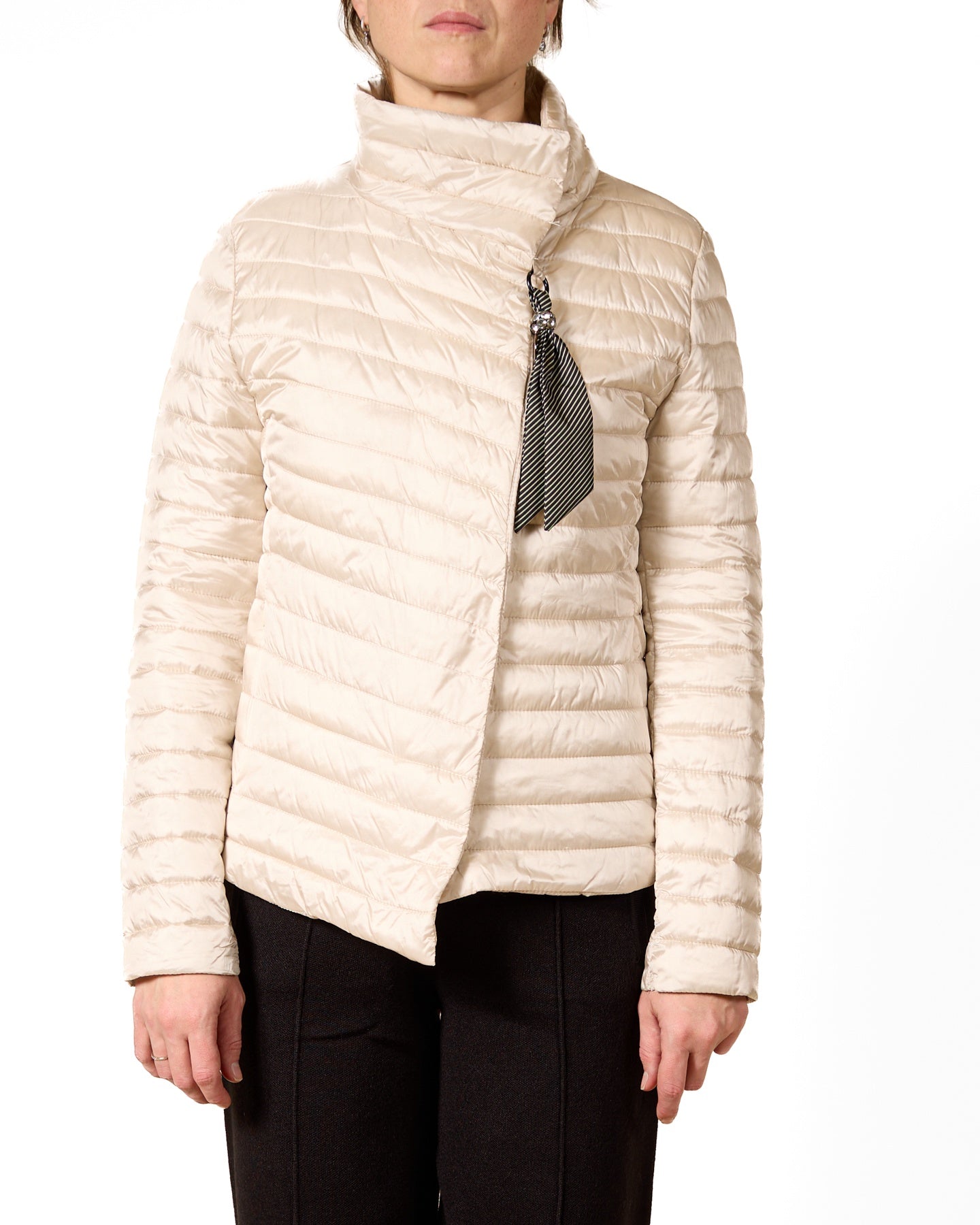 Champagne Quilted Button-Down Jacket with Tie Accent