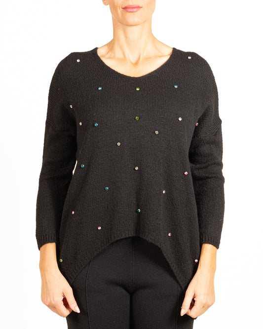 Black V-Neck Drop Shoulder Hi-Low Multi-Color Rhinestone Detail Sweater