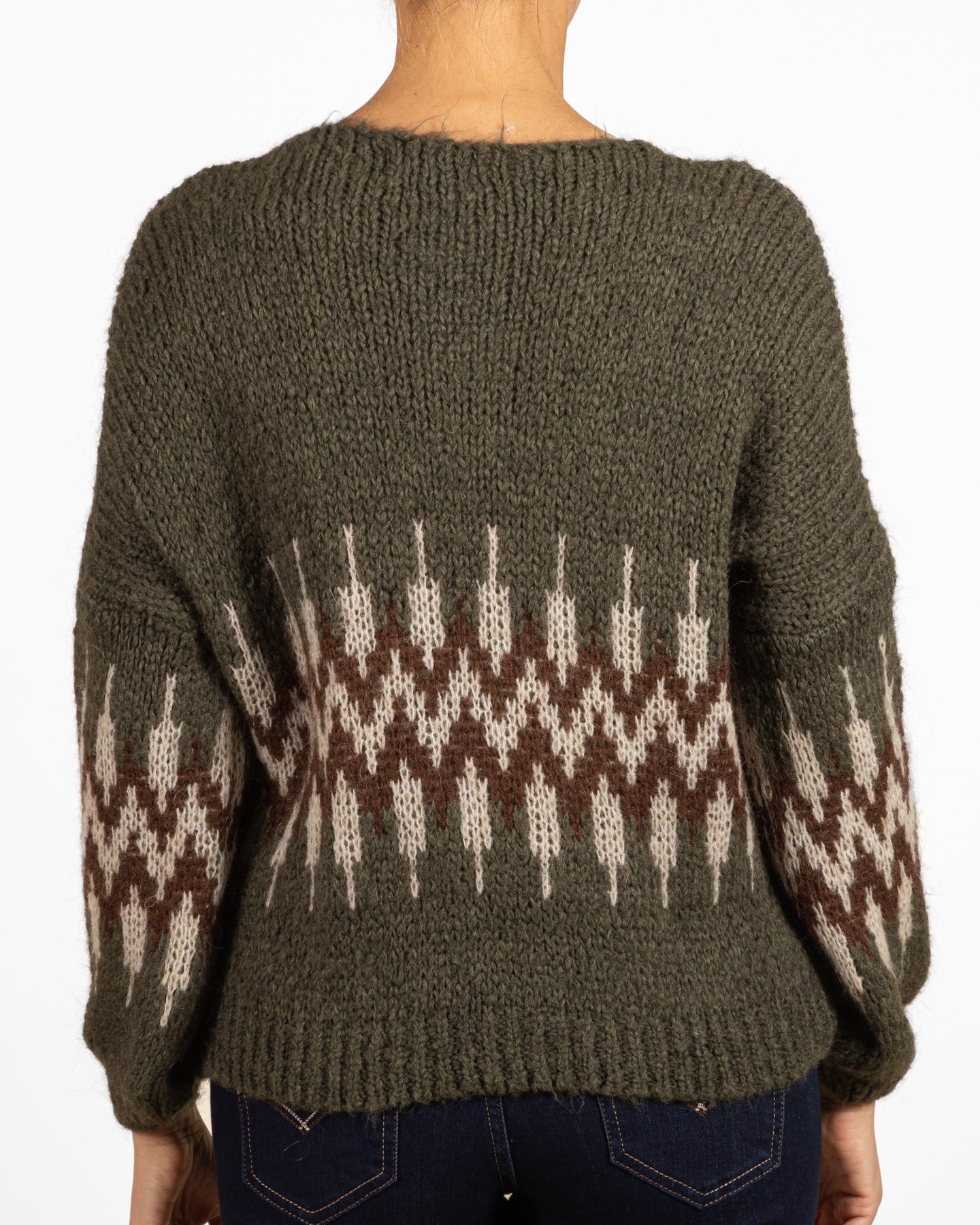 Pull à Col V avec Épaules Tombantes et Motif Zigzag Multicolore au Centre