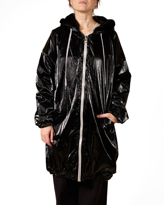 Black Zip Front Drawstring Hooded Int Plush Ext Lurex 2 Pkt Coat