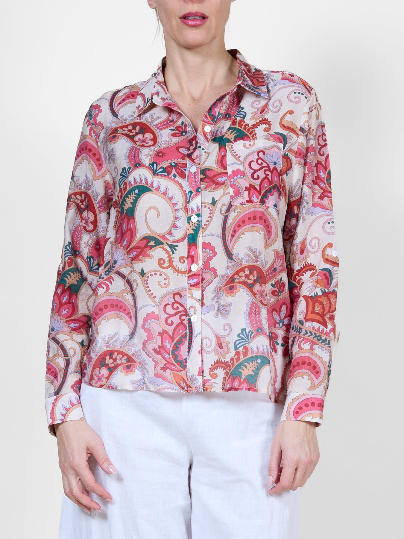 Watermelon Roll Up Sleeve Button Front Paisley Blouse