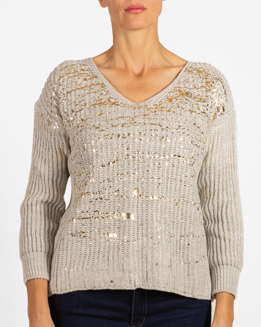 Oatmeal V Neck Drop Shoulder Gold Foil Splash Front Sweater