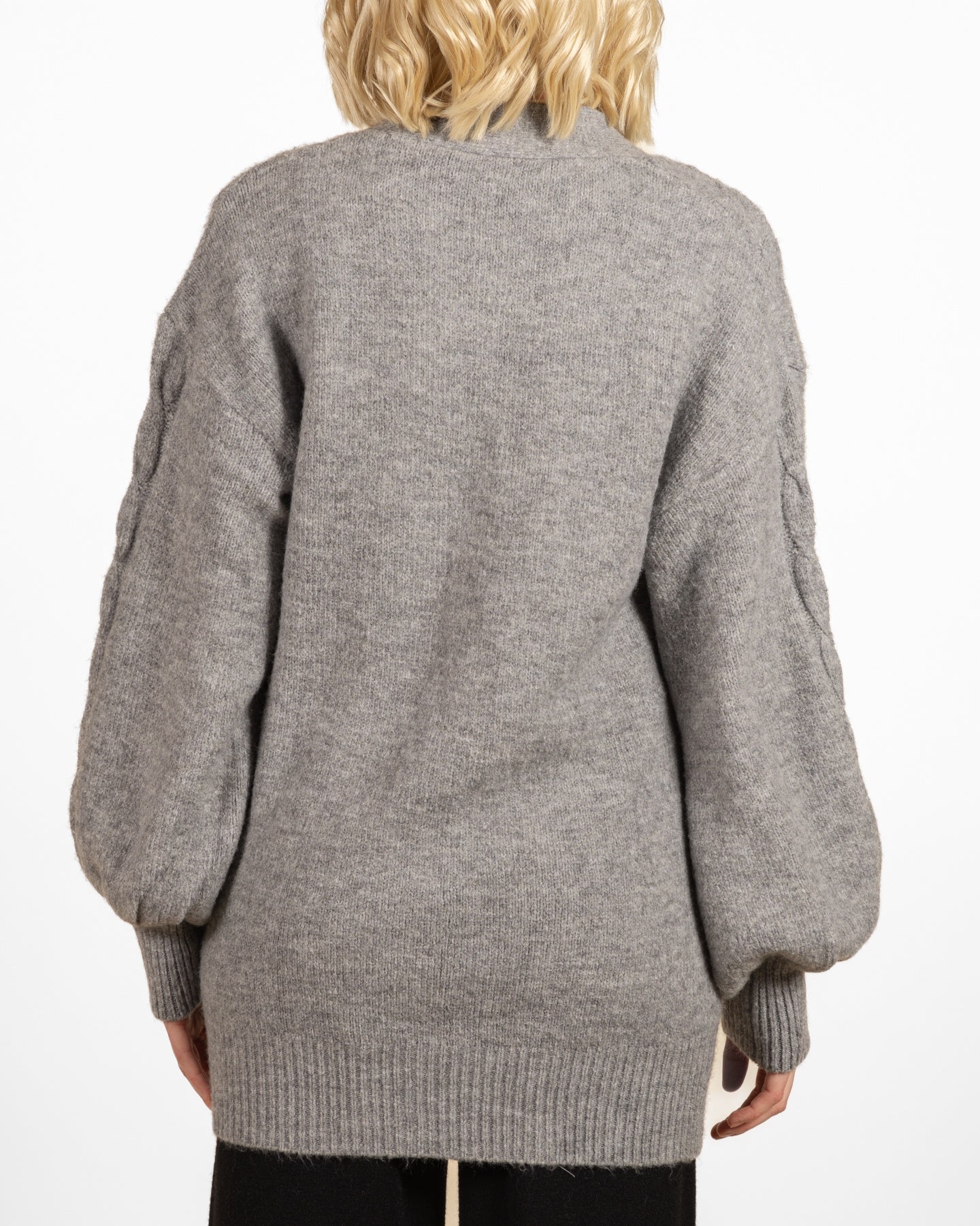 Grey Drop Shoulder Cable Knit Rhinestone Button Cardigan