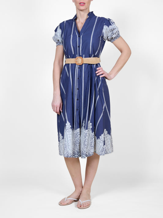 Midnight Button-Down Midi Shirt Dress with Woven Belt