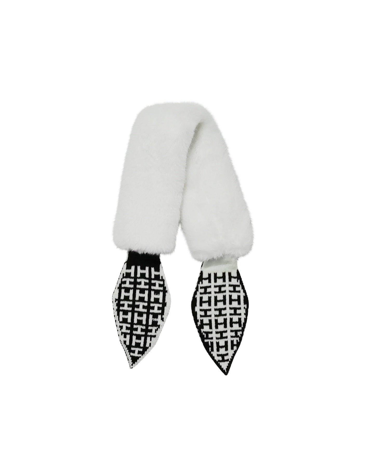 Ivory Faux Fur Scarf with Black and White Knitted Ends