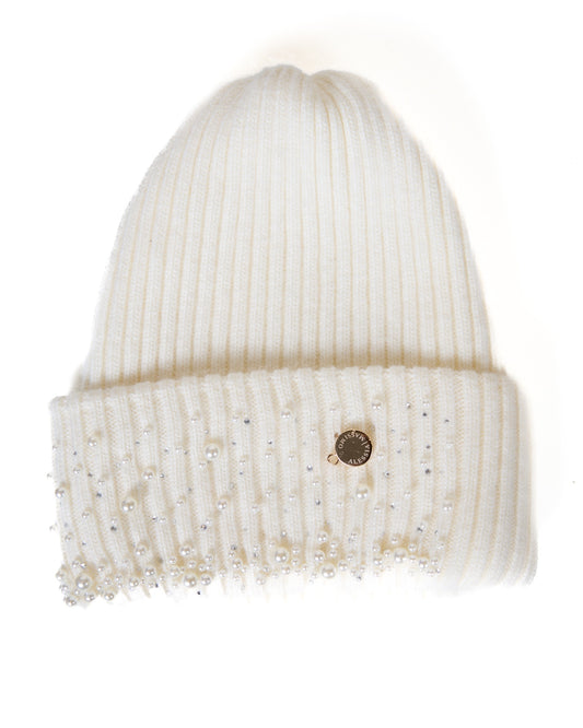 Cream Pearl-Embellished Knit Beanie with Gold Emblem