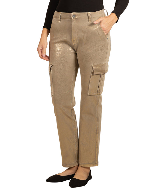 Cappuccino Button Front Cargo Pockets Gold Foil Front Denim Pant